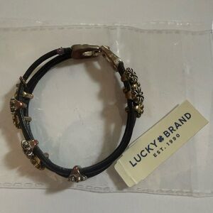 Lucky Brand Two Tone Floral Black Leather Strap Multi Strand Bracelet